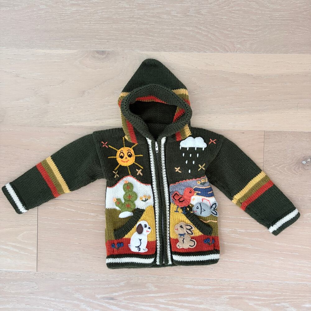 Arpillera Handmade Peruvian Hooded Cardigan Sweater Toddler Green 4T/5T